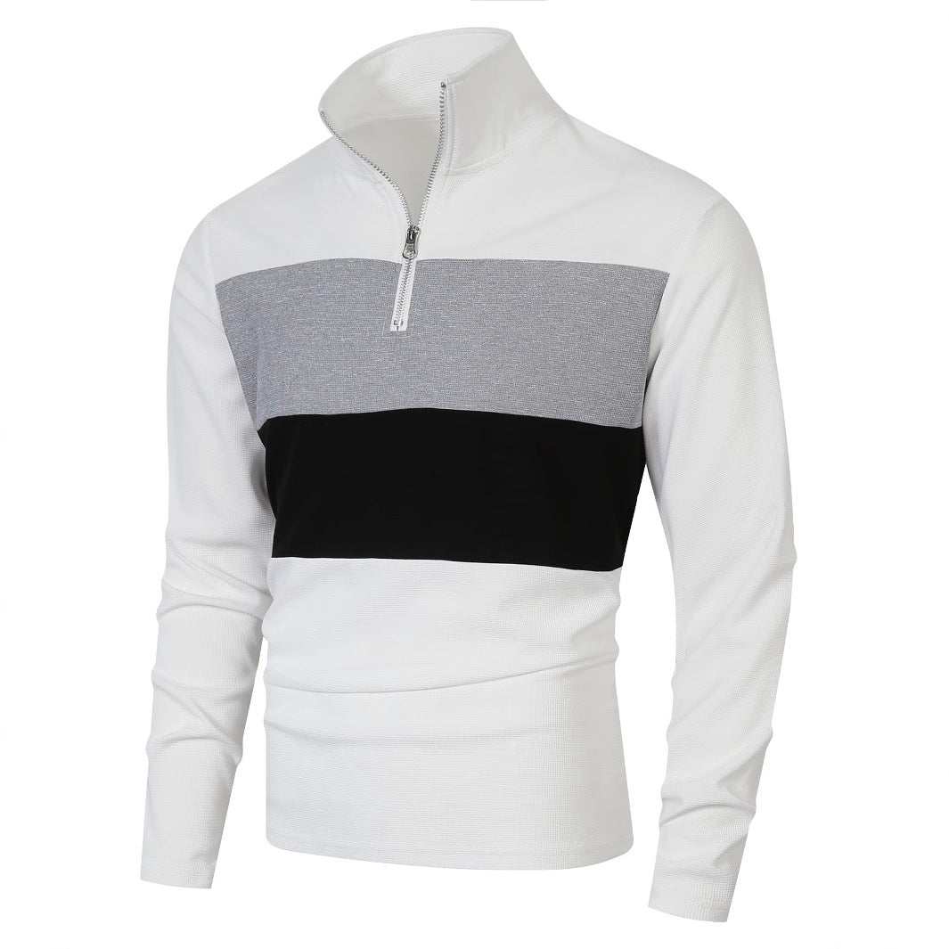 Herren nan Halbzip-Pullover mit Stehkragen, breitem Blockstreifen und fein gerippter Struktur EB