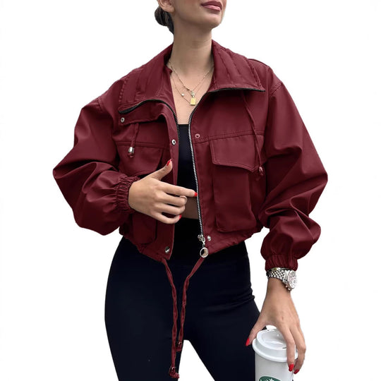 Damen nan kurze Utility-Jacke mit Kordelzug-Taillierung, Fronttaschen und Reißverschluss-Detail EB