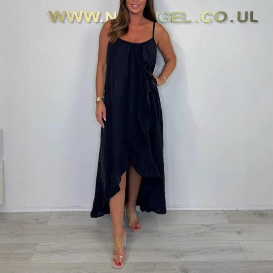 Damen Langarm Maxikleid mit asymmetrischem Saum und Rüsche EB