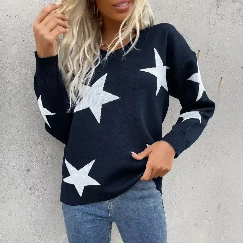 Damen Modischer Strickpullover mit Sternenmuster EB