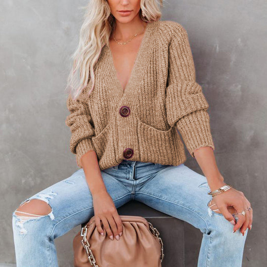 Damen Grobstrickjacke mit V-Ausschnitt und Taschen EB