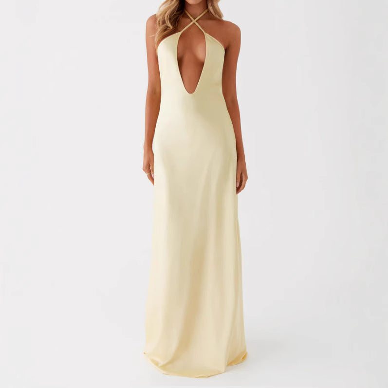 Damen Maxikleid mit tiefem V-Ausschnitt und eleganter Rückenansicht EB
