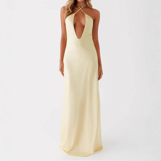 Damen Maxikleid mit tiefem V-Ausschnitt und eleganter Rückenansicht EB