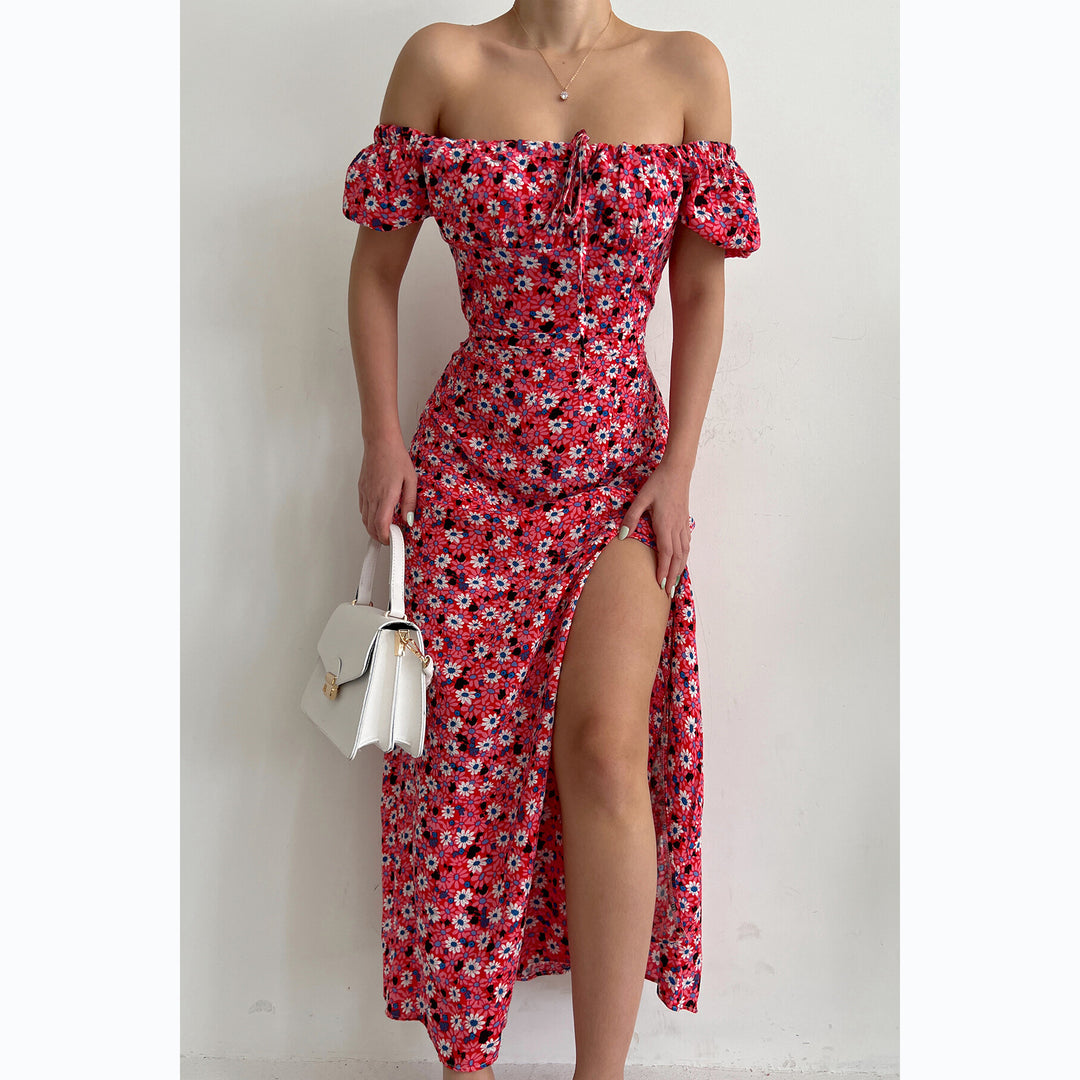 Damen Off-Shoulder Maxikleid mit floralem Design und elegantem Schlitz EB