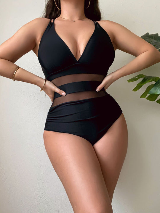Damen Sportlicher Badeanzug mit transparenter Taille EB