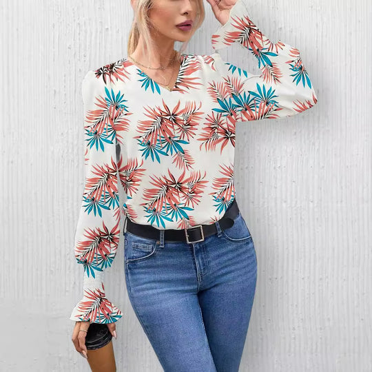 Damen Elegante Bluse mit floralem Design und weiten Ärmeln EB