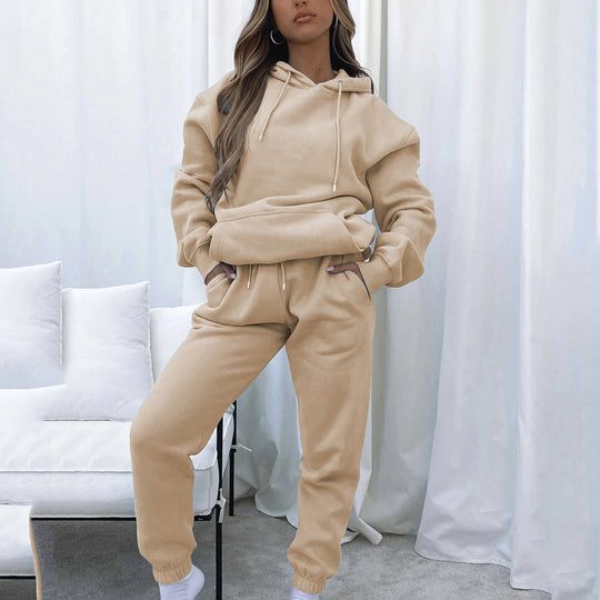 Damen nan Cropped Kapuzenjacke und High-Waist Jogginghose Set aus French Terry mit elastischem Bund EB