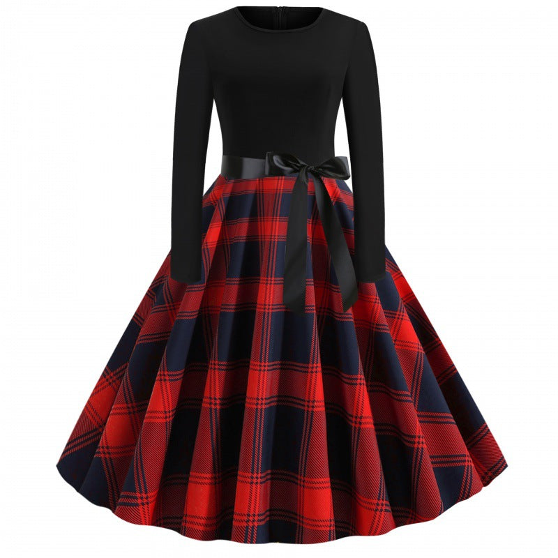 Damen Vintage Tellerrockkleid mit Karo-Tellerrock, figurbetontem Langarmoberteil und Satinschärpe EB