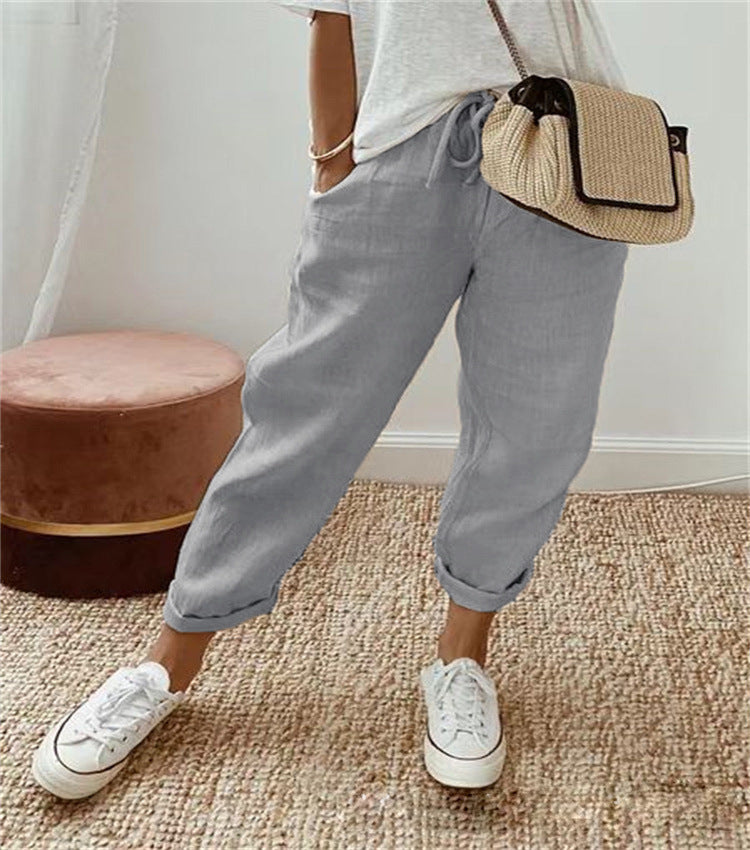 Damen nan legerer Leinen-Jogger mit Kordelzug, Eingrifftaschen und umgeschlagenem Saum EB