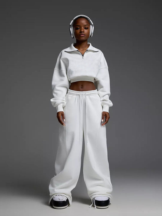 Damen kurzes Half-Zip Crop-Sweatshirt mit hoher Taille und weitem Sweatpants-Set EB