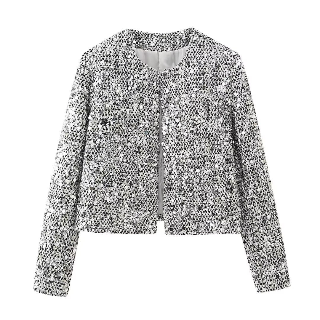 Damen nan gefütterte Bouclé-Kurzjacke mit Paillettenbesatz, Rundhalsausschnitt und offener Front EB