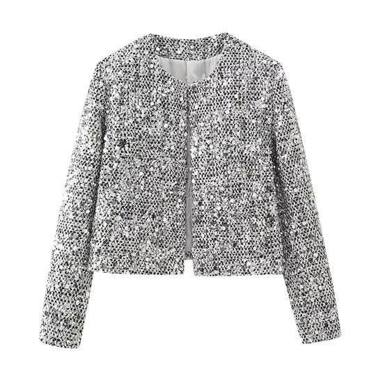 Damen nan gefütterte Bouclé-Kurzjacke mit Paillettenbesatz, Rundhalsausschnitt und offener Front EB