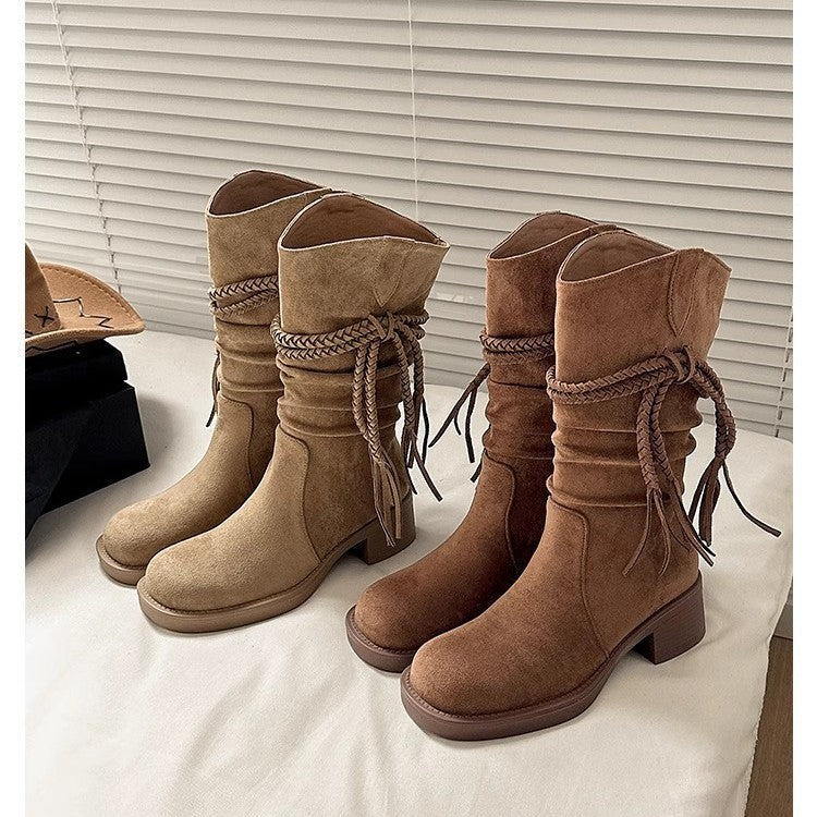 Damen Overknee-Stiefel mit dekorativen Knoten und weichem Wildleder EB