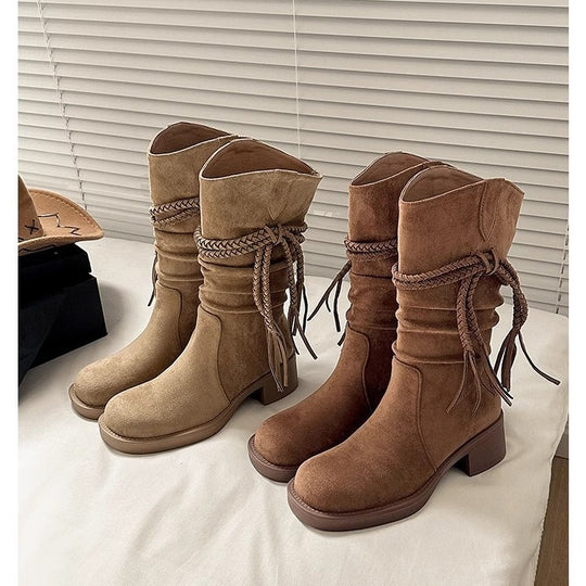 Damen Overknee-Stiefel mit dekorativen Knoten und weichem Wildleder EB