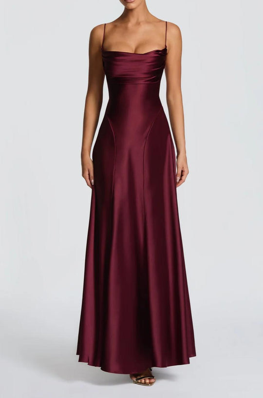 Damen Elegantes Maxi-Kleid mit fließendem Satin und verführerischem Spaghettiträger EB