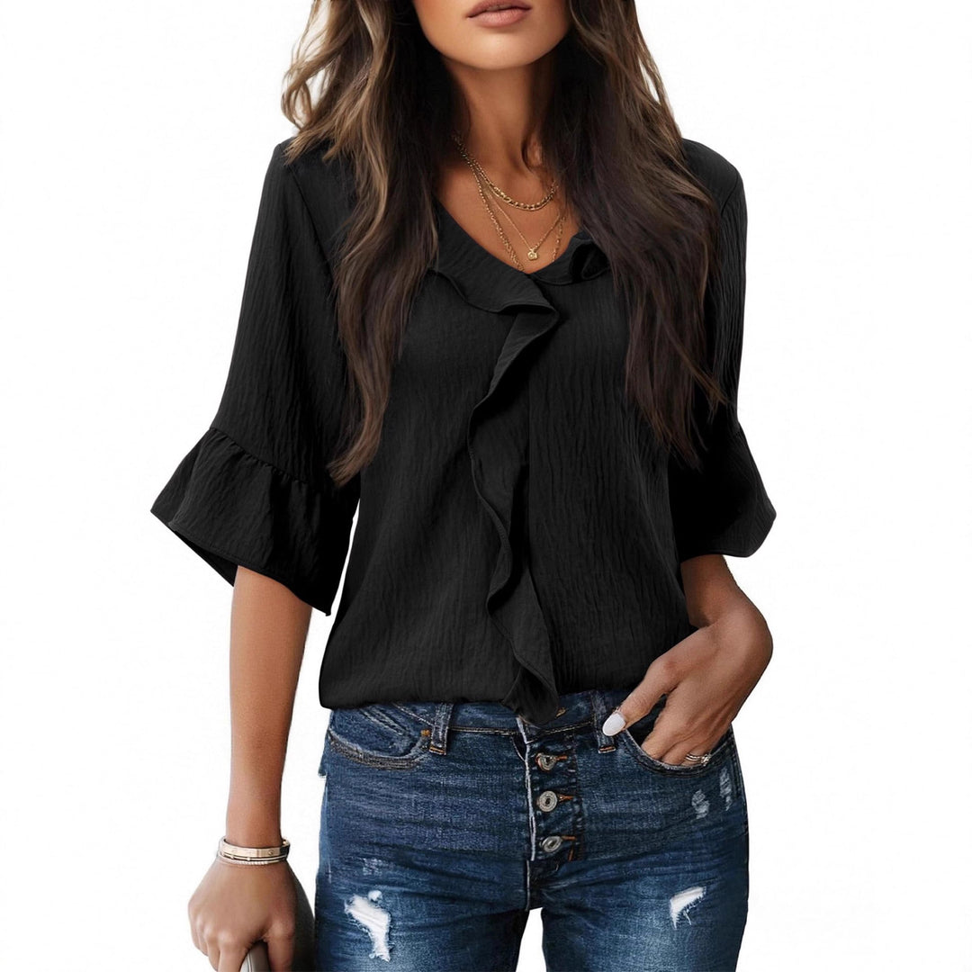Damen Luftiges Blusenshirt mit Rüschendetails und V-Ausschnitt EB