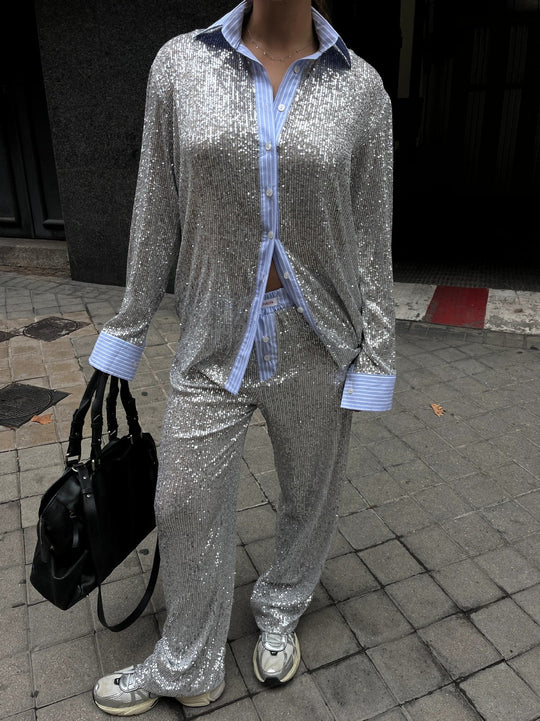 EB | Lockere Besatzzte Anzugjacke und Weit Geschnittene Hose Im Zweiteiler