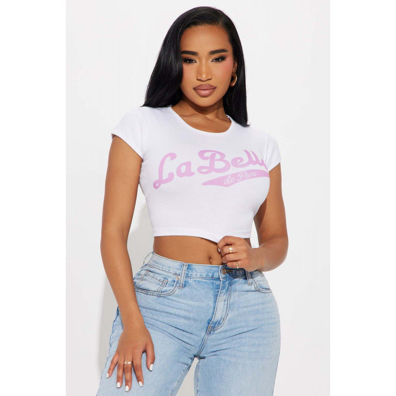 Damen cropped T-Shirt mit modernem Schriftzug und figurbetontem Schnitt EB