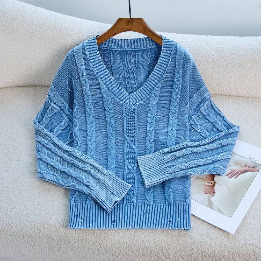 Damen Modischer Strickpullover mit V-Ausschnitt und Zopfmuster EB
