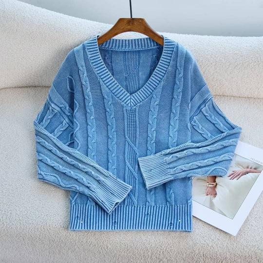 Damen Modischer Strickpullover mit V-Ausschnitt und Zopfmuster EB