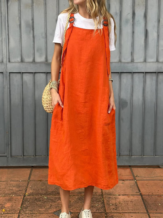 Damen lässiges Leinenkleid mit praktischen Taschen und verstellbaren Trägern EB