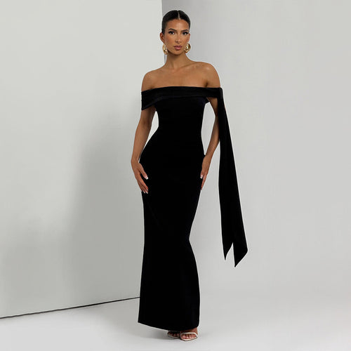 Damen Elegantes Maxikleid mit schulterfreiem Design und raffiniertem Drapierungselement EB