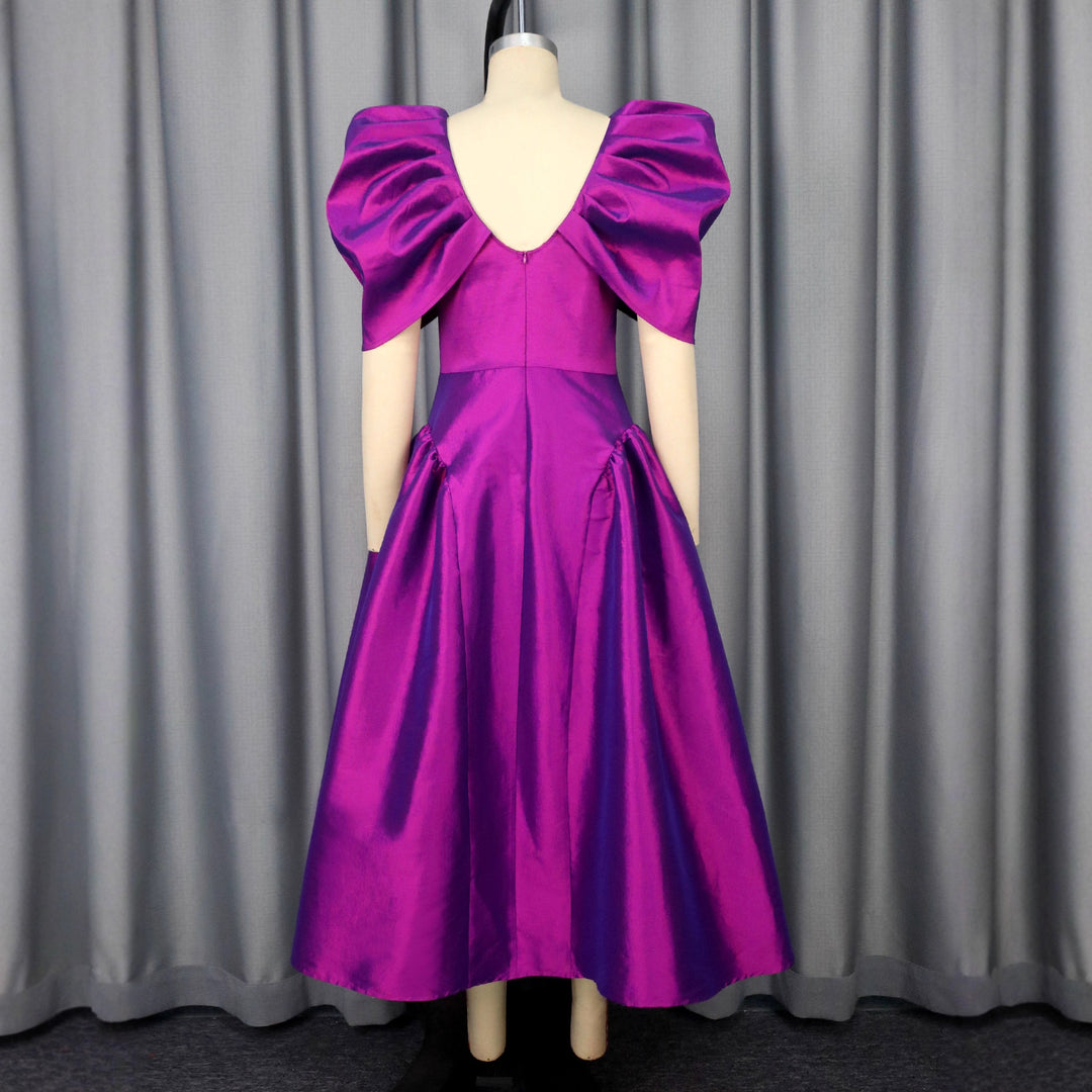 Damen elegantes Midikleid mit voluminösen Puffärmeln und schwingendem Rock EB