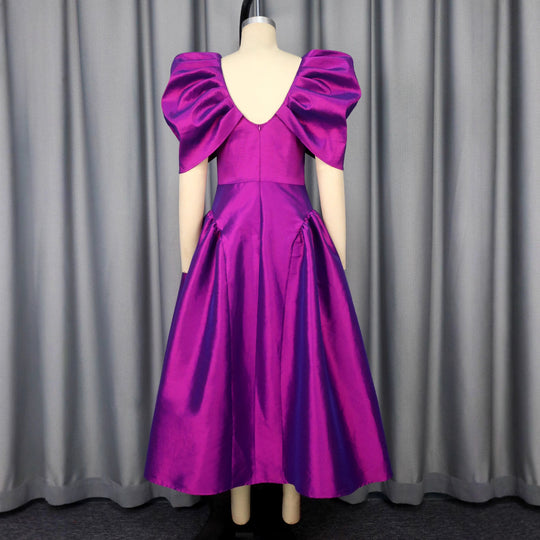 Damen elegantes Midikleid mit voluminösen Puffärmeln und schwingendem Rock EB