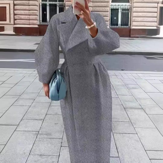 Damen Maxi-Wickelmantel mit seitlichem Schlitz und Ballonärmeln EB