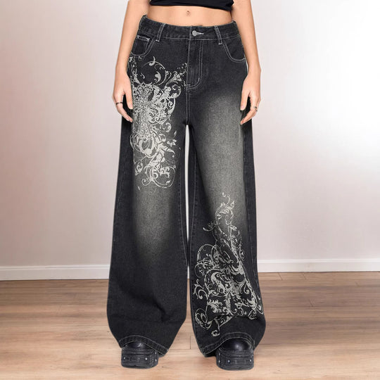 Damen Weite Denim-Hose mit auffälligem grafischem Druck EB