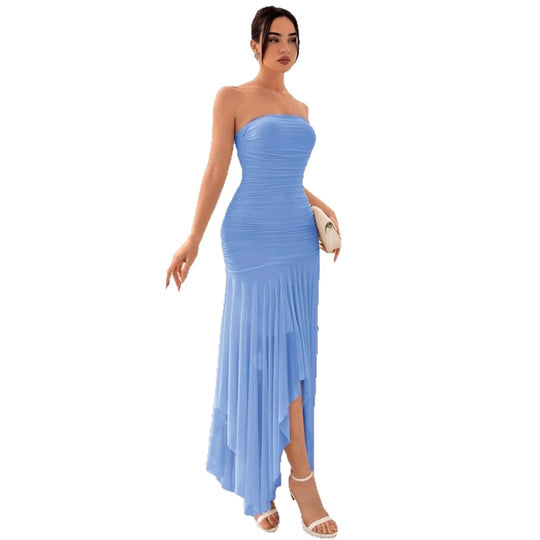 Damen Extravaganter Maxikleid mit Raffungen und asymmetrischem Saum EB