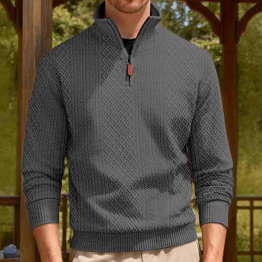 Herren nan feinstrukturierter Halbzip-Pullover im Jacquard-Relief mit hohem Stehkragen und Leder-Zipper EB