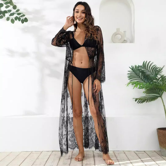 Damen transparentes Häkel-Kleid mit floralem Design EB