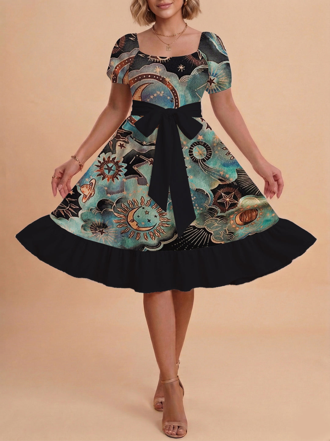 Damen schickes Glitzerkleid mit tailliertem Schnitt und Rüschensaum EB