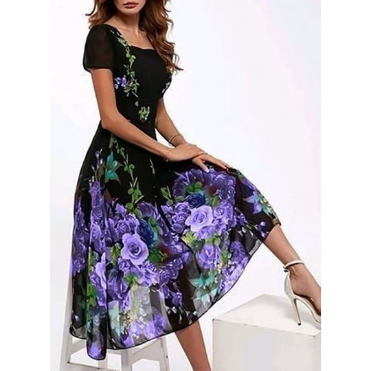 Damen Elegantes Midi-Kleid mit floralem Druck und schwingendem Saum EB