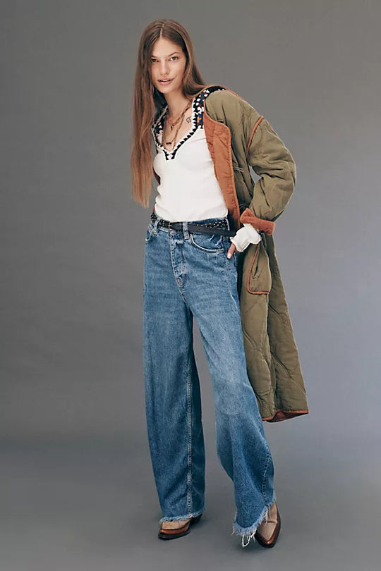 Damen nan extraweite High‑Waist Palazzo-Jeans aus Denim mit rohem Saum und Vintage-Waschung EB