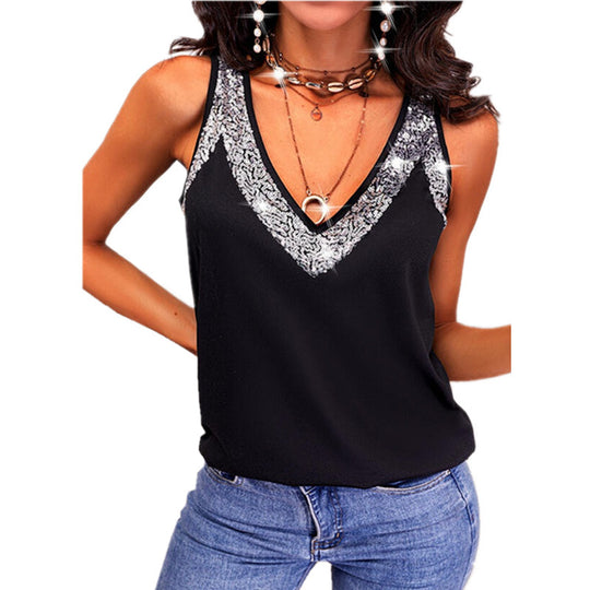 Damen Elegantes V-Ausschnitt Top mit dekorativem Spitzenbesatz EB