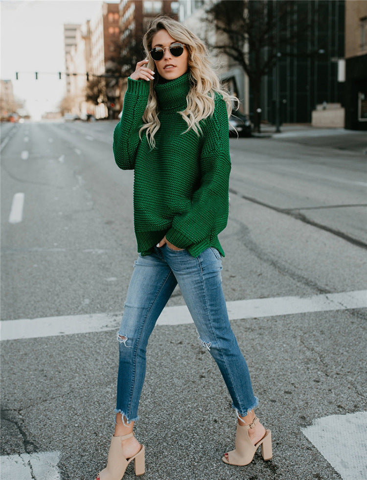 Damen Strickpullover mit hohen Kragen und breitem Bündchen EB