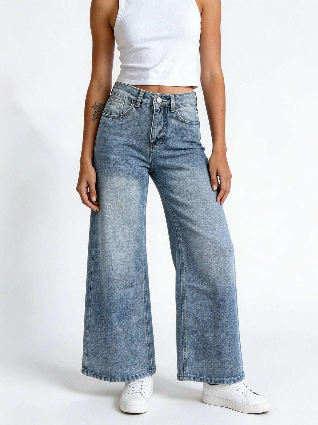 Damen nan hochgeschnittene Palazzo-Jeans mit extra weitem Bein und taillierendem Schnitt EB