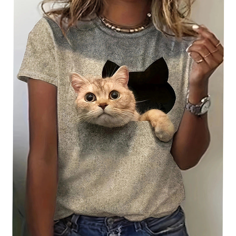 Damen T-Shirt mit 3D-Katzenmotiv und kreativem Rissdesign EB