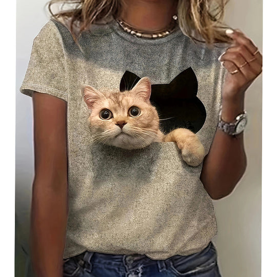 Damen T-Shirt mit 3D-Katzenmotiv und kreativem Rissdesign EB