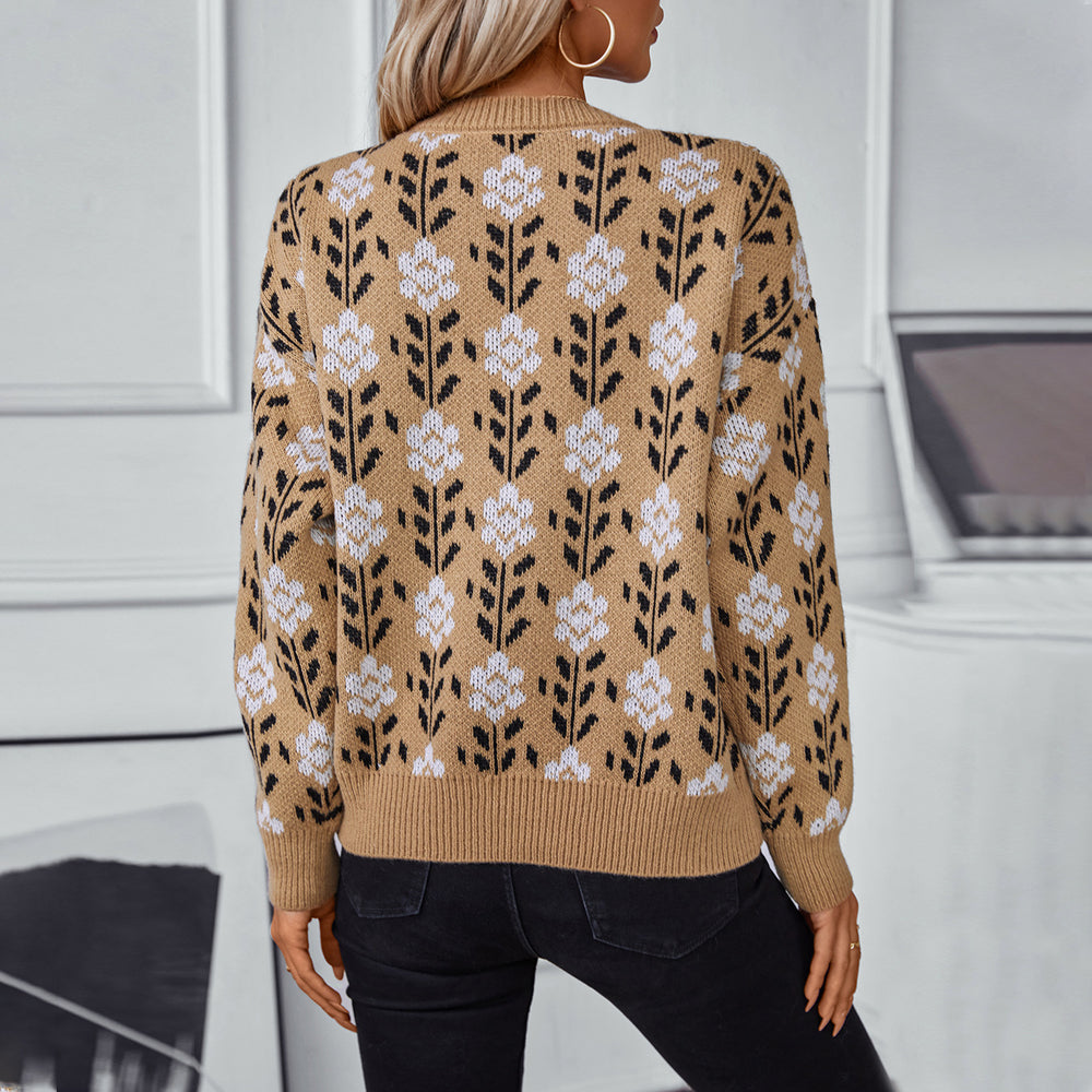 Damen lässiger Pullover mit floralem Muster und Rundhalsausschnitt EB