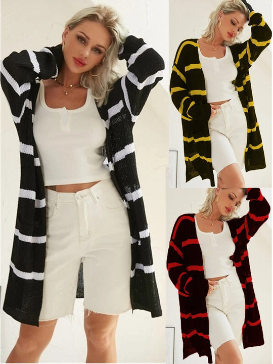 Damen Strickmantel im modischen Lagenlook mit gestreiftem Design EB
