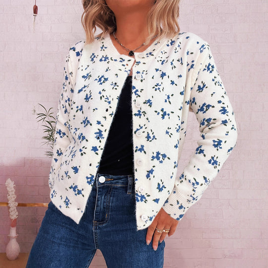 Damen gemütliche Strickjacke mit floralen Mustern und Knopfverschluss EB