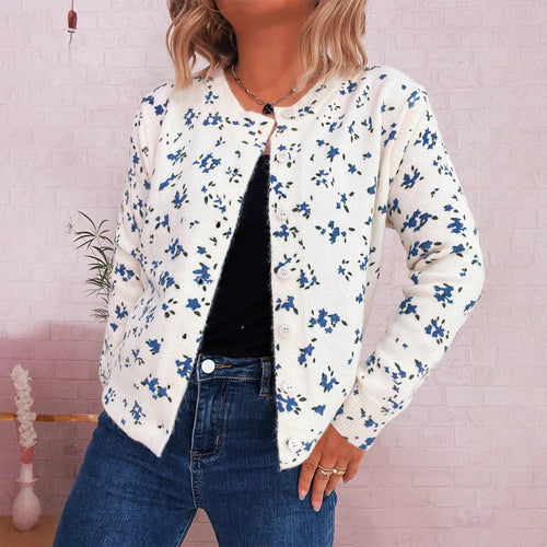 Damen gemütliche Strickjacke mit floralen Mustern und Knopfverschluss EB