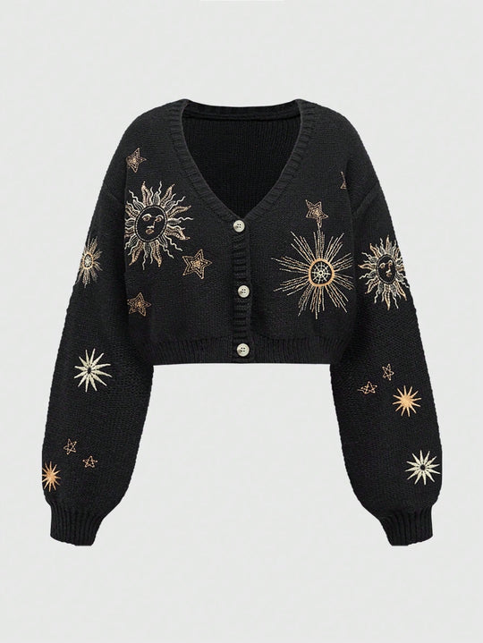 Damen Strickjacke mit kunstvollem Sonnen- und Sternenstick EB