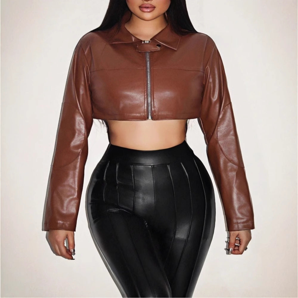Damen cropped Kunstlederjacke mit innovativem Reißverschluss EB