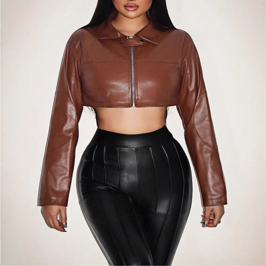 Damen cropped Kunstlederjacke mit innovativem Reißverschluss EB