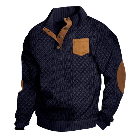 Herren Strukturiertes Kabelstrick-Sweatshirt mit Halbknopfblende, Kunstleder‑Patchtasche & Ellbogenpatches EB