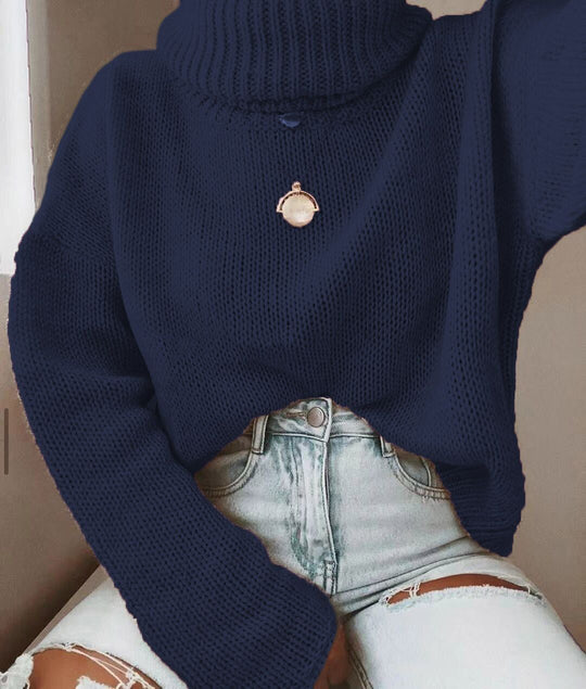 Damen Strickpullover mit hohem Kragen und lässigem Schnitt EB